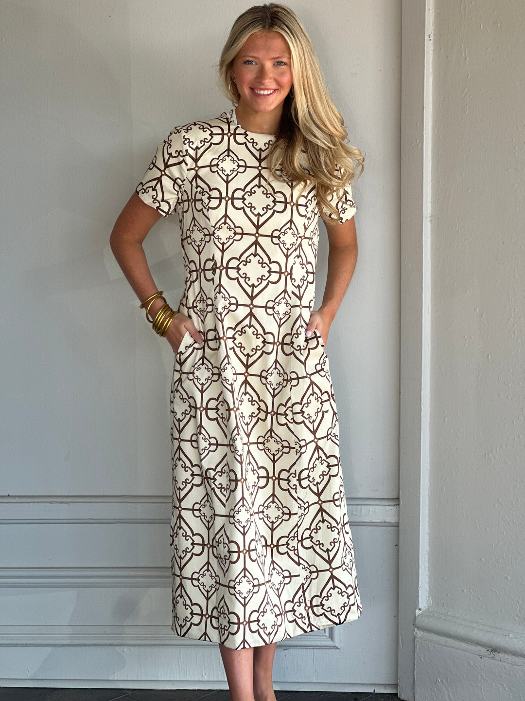 Mestiza Hampton Convertible Midi Dress in Deco Quatrefoil