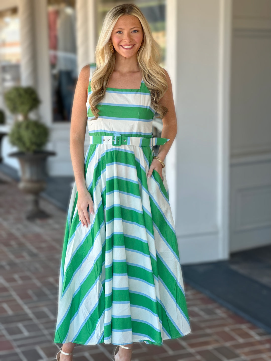 Striped Sleeveless Midi Dress in Green  Sugar & Spice