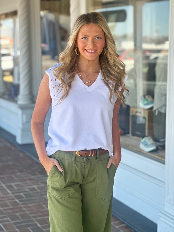 Liverpool Los Angeles Cap Sleeve V-neck Top With Embroidery in White