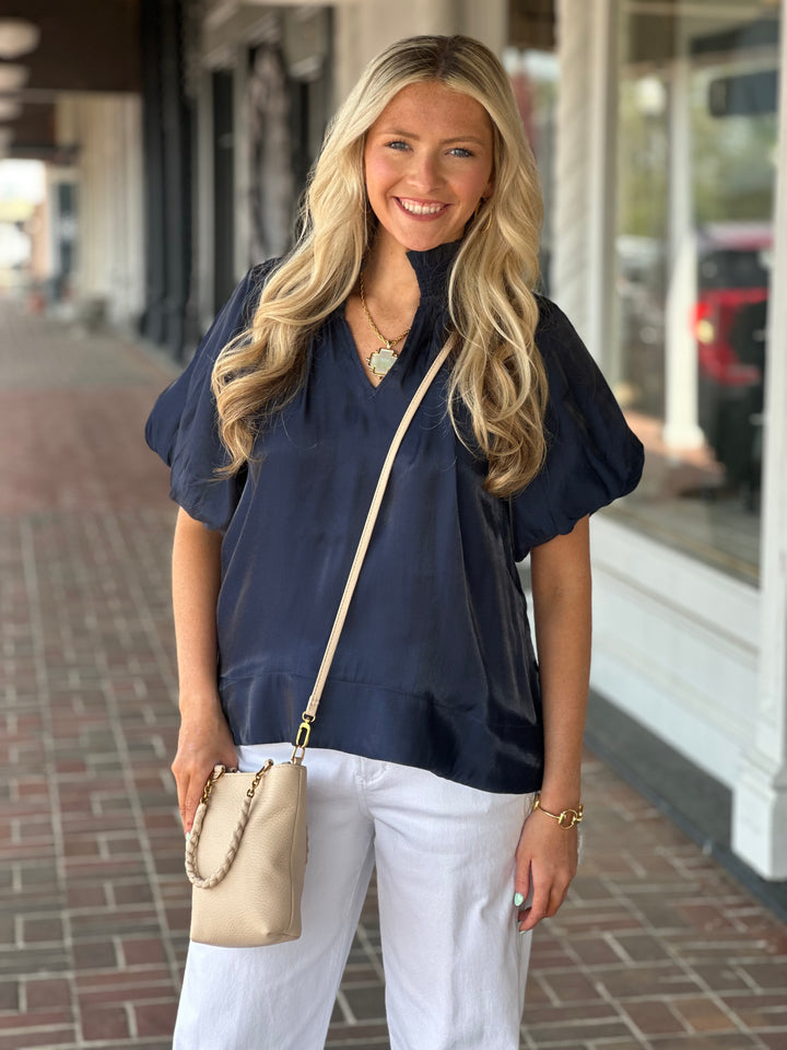 Stitch Detail Ruffle Top in Navy