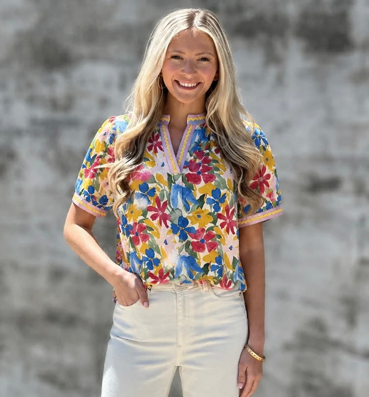 Satin Wavy Trim Detailed Floral Top