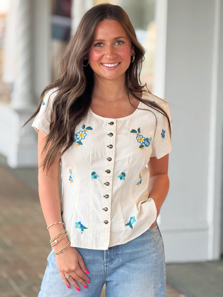 Free People Kelly Embroidered Blouse in Ivory Combo