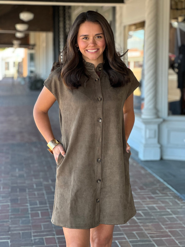 Short Sleeve Suede Olive Dress