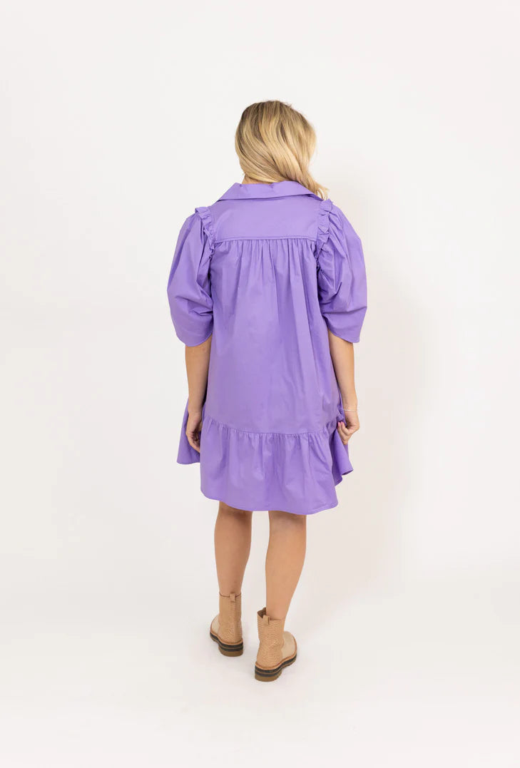 Karlie Clothes Solid Purple Button Puff Sleeve Ruffle Dress