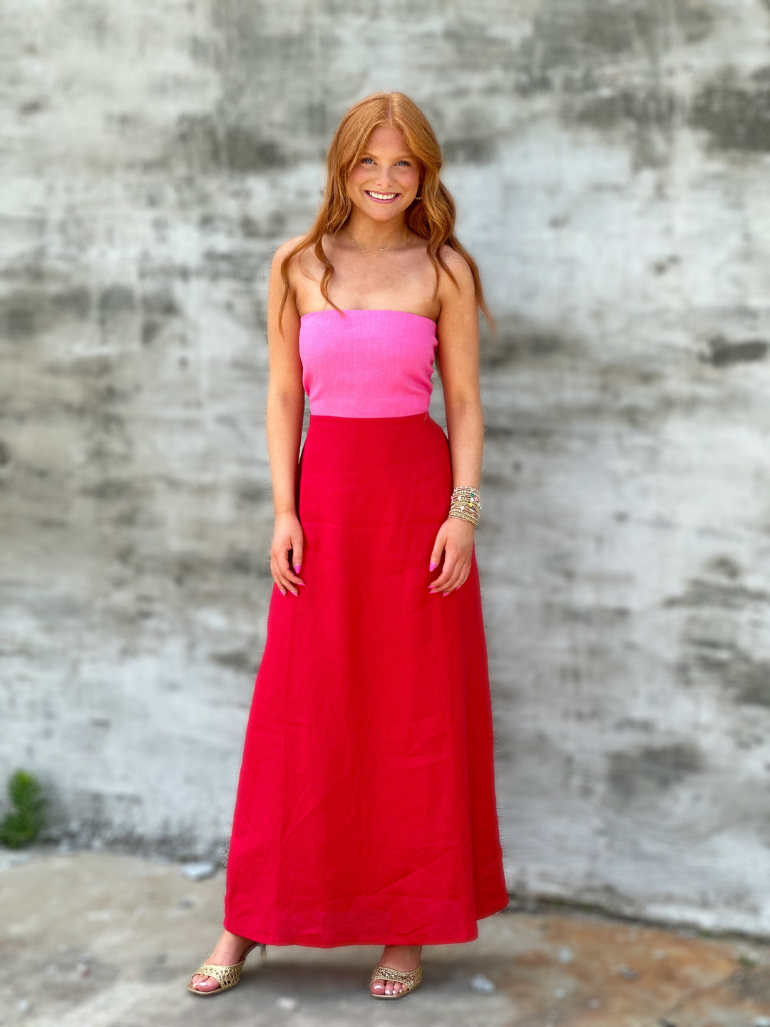 Red Colorblock Linen Bustier Maxi Dress