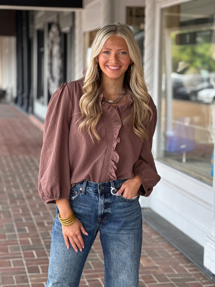 Textured Ruffle Trim Blouse in Brown