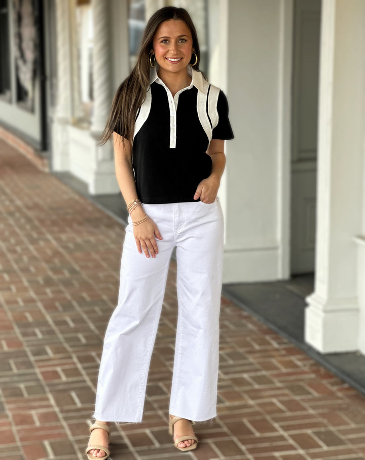 Contrast Collar Polo-Style Black Top