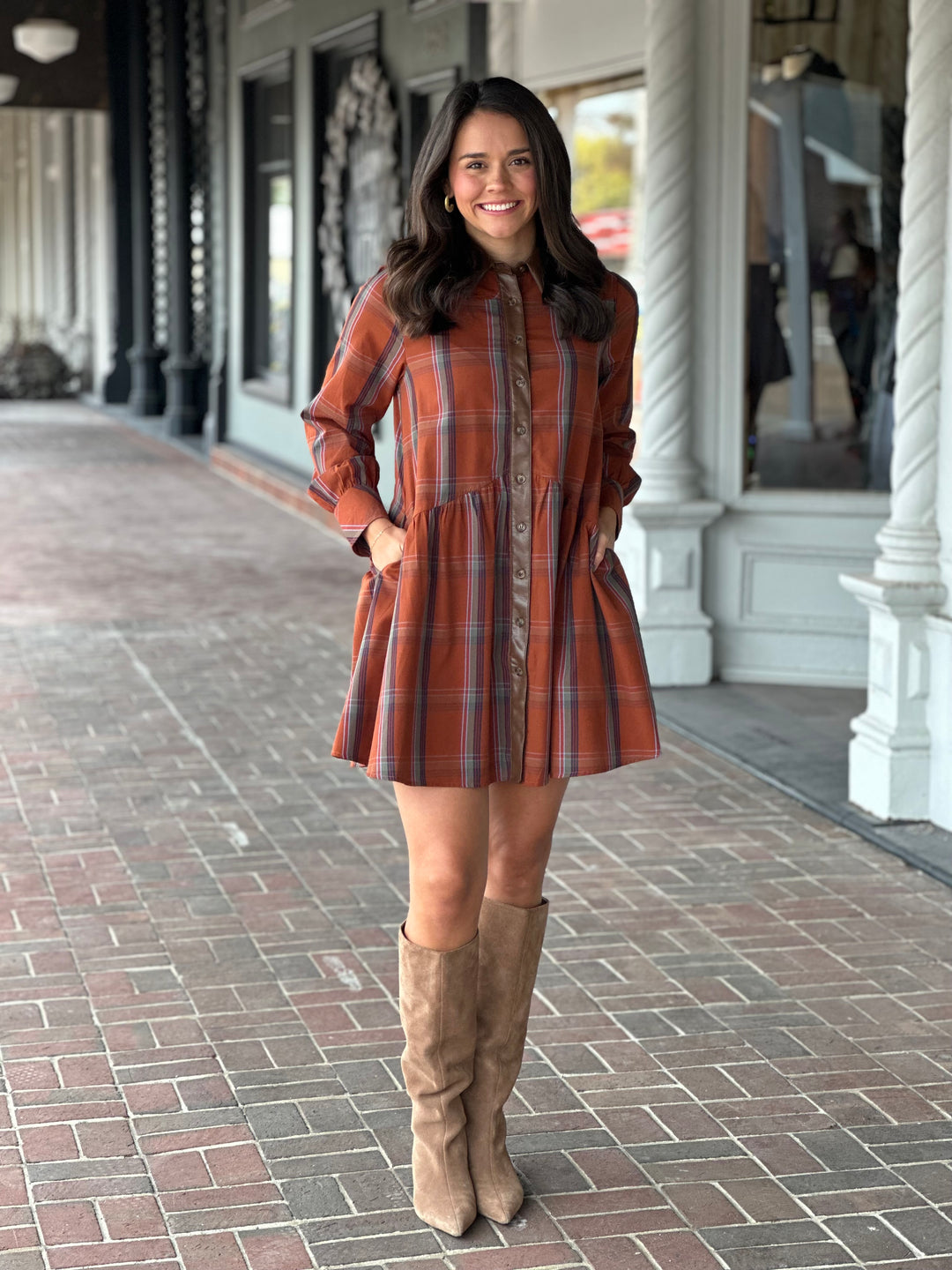 Plaid Button Down Rust Dress