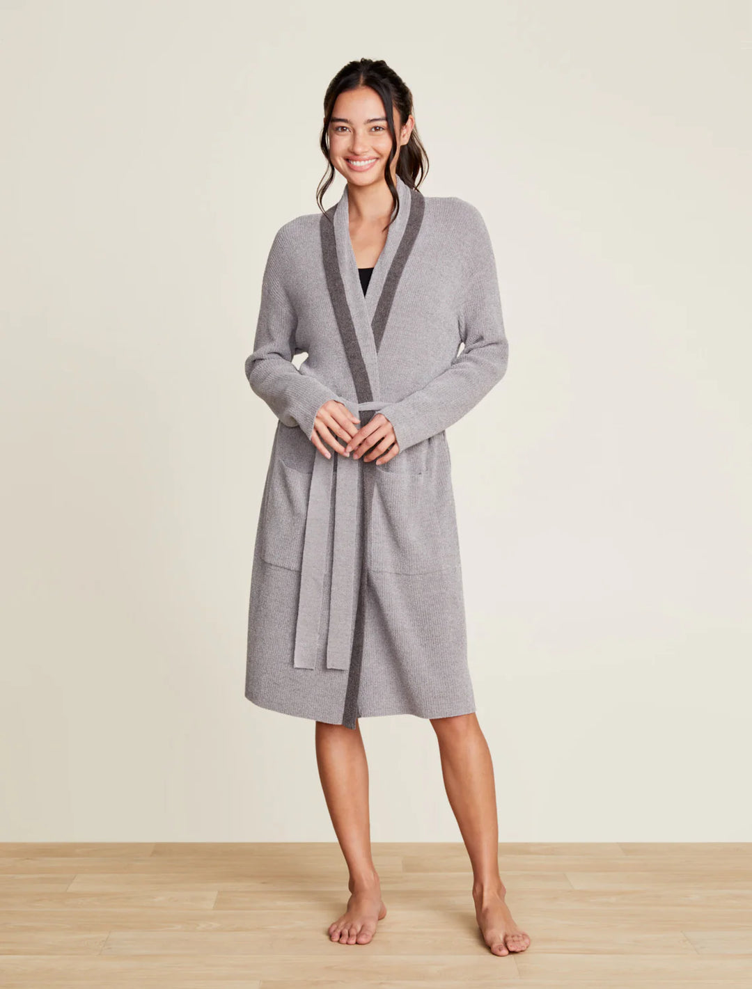 Barefoot Dreams CozyChic Ultra Lite® Tipped Ribbed Short Robe in Dove Gray