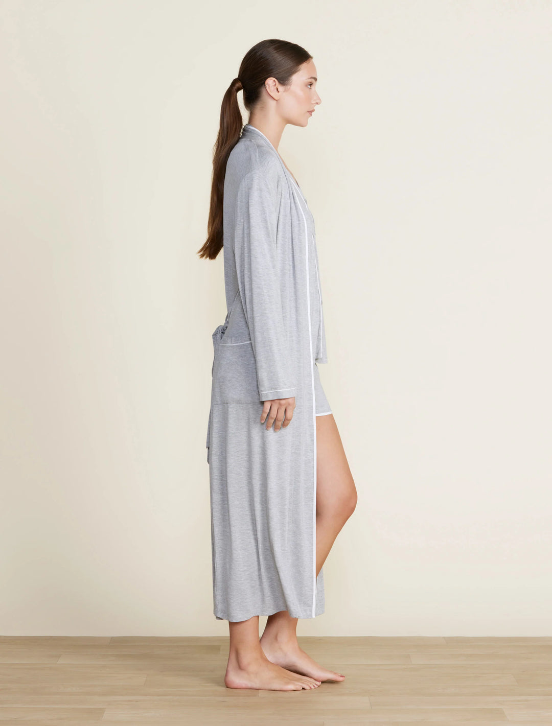 Barefoot Dreams Malibu Collection® Soft Jersey Piped Robe Heathered Gray White