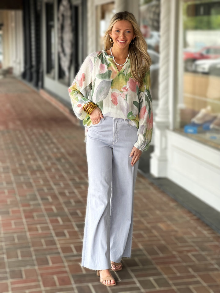 Dylan Ruffle Neck Printed Top