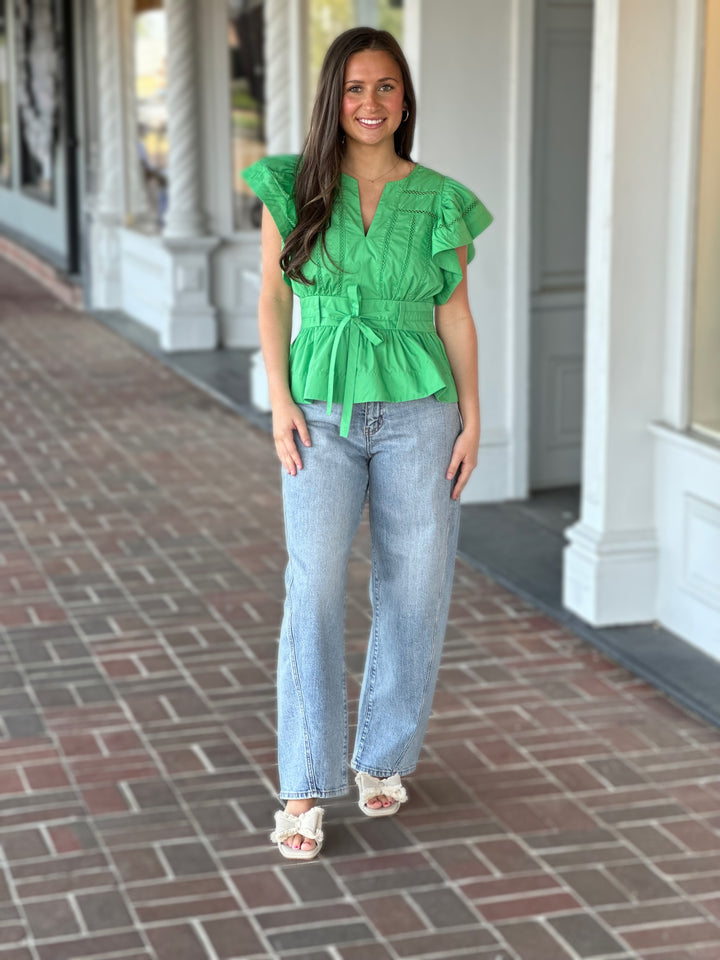 No Worries Here Peplum Top in Green