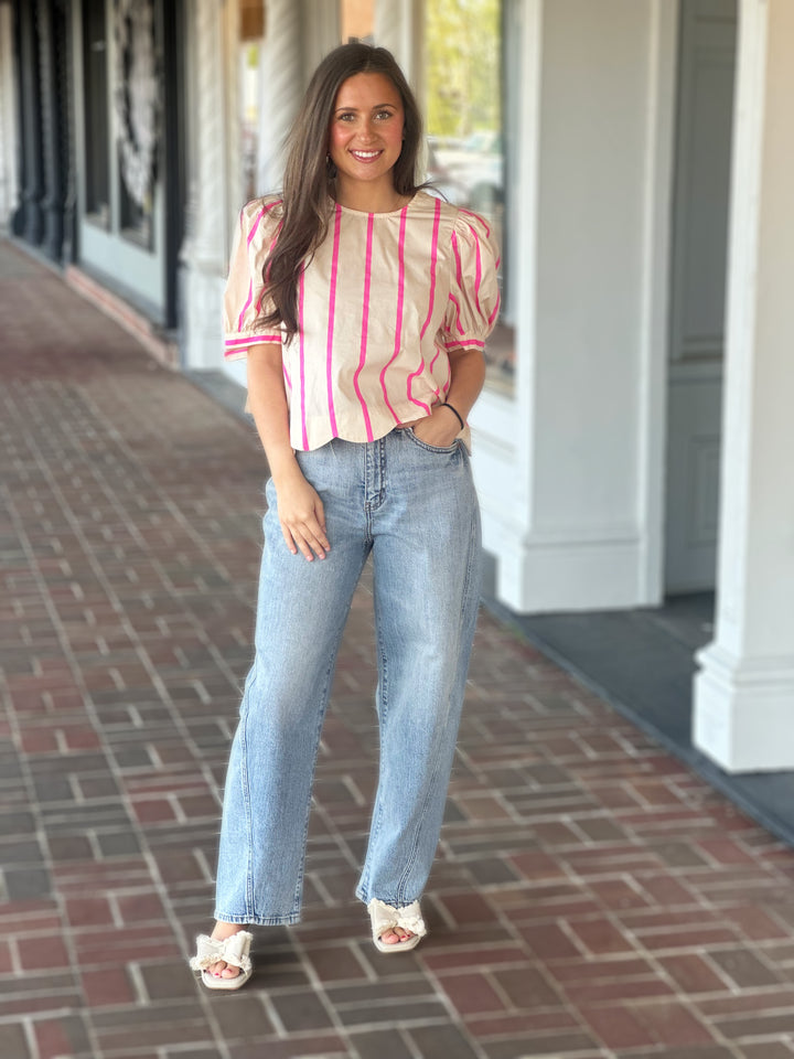 New Chapter Pink Stripe Printed Cream Top