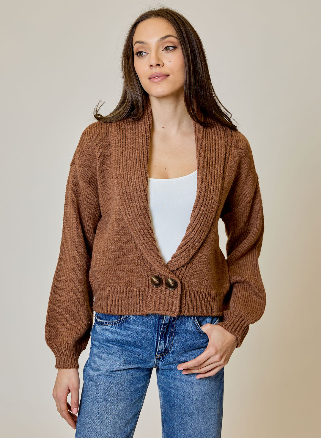Shawl Collar Cardi in Toffee