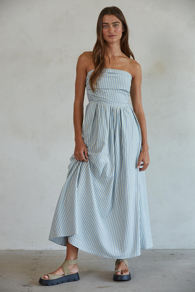 Promenade Dress in Dusty Blue Stripe