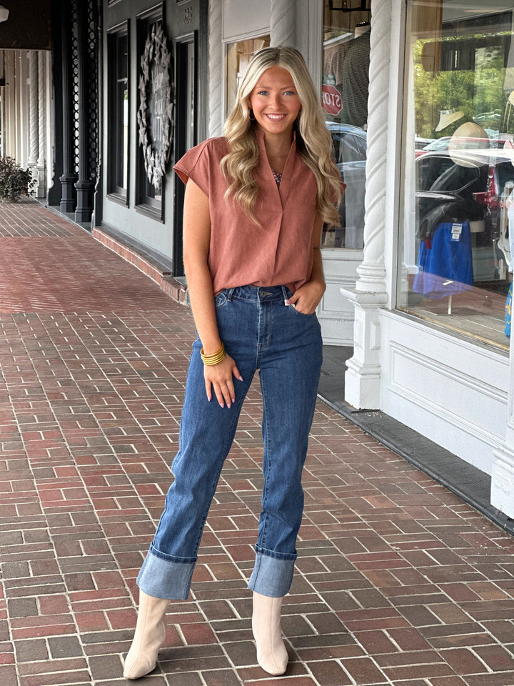 Faux Suede Pullover Top in Rust