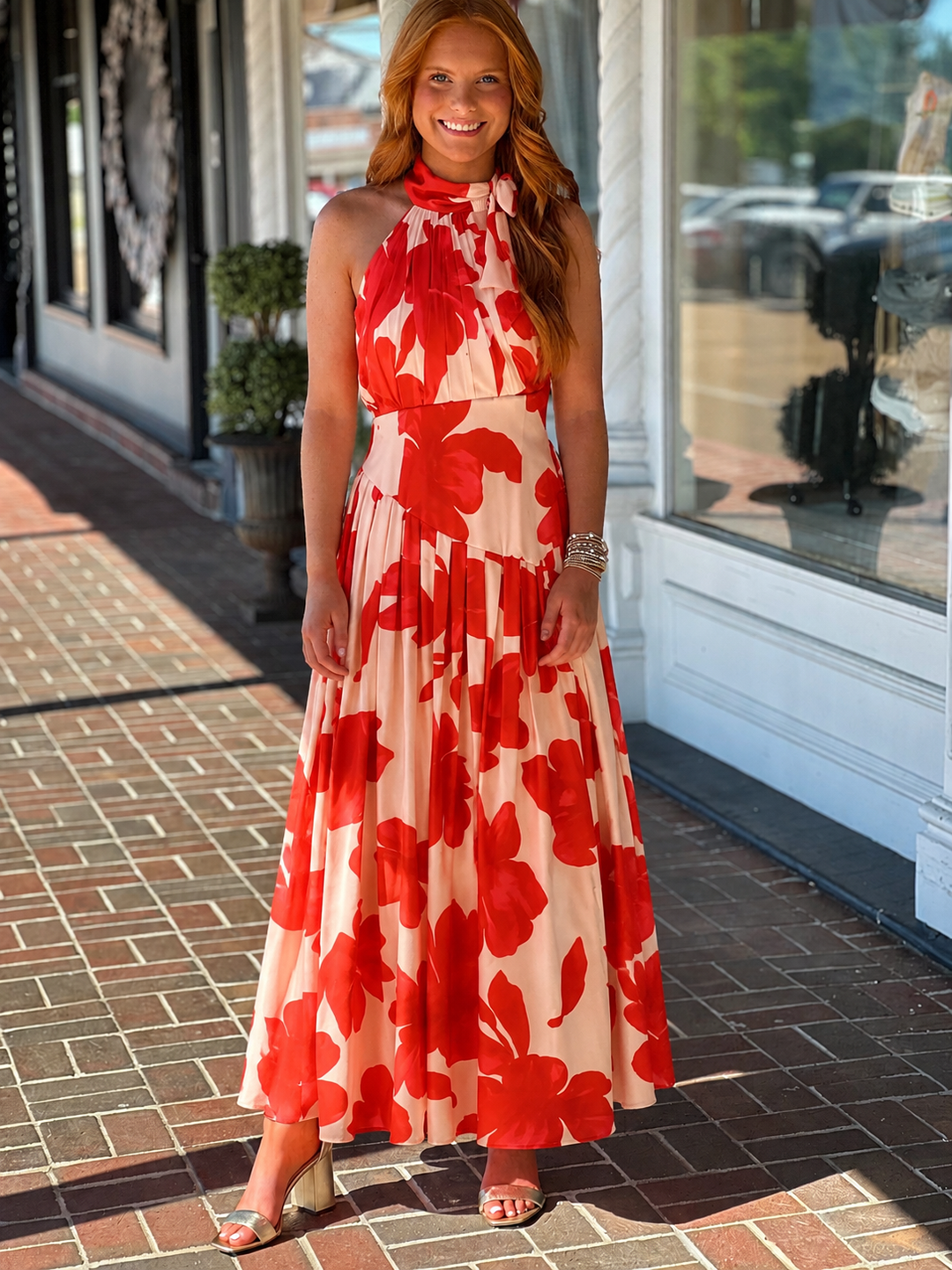 Bold Floral Print Halter Neckline Maxi Dress
