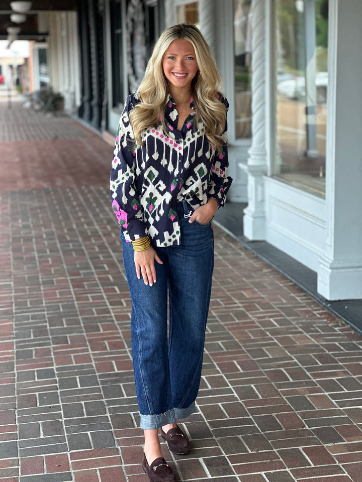 Vilagallo Gaby Ikat Top in Navy