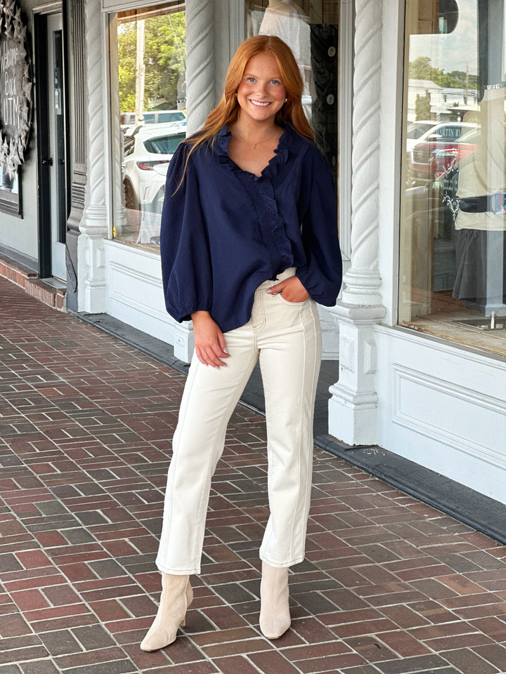 Textured Ruffle Trim Blouse in Midnight