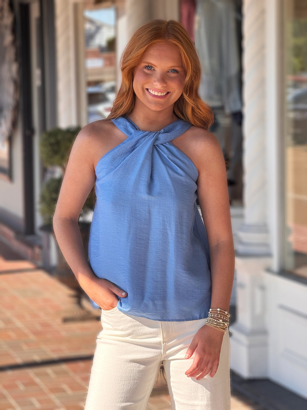 Twist Halter Neck Sleeveless Top in Blue