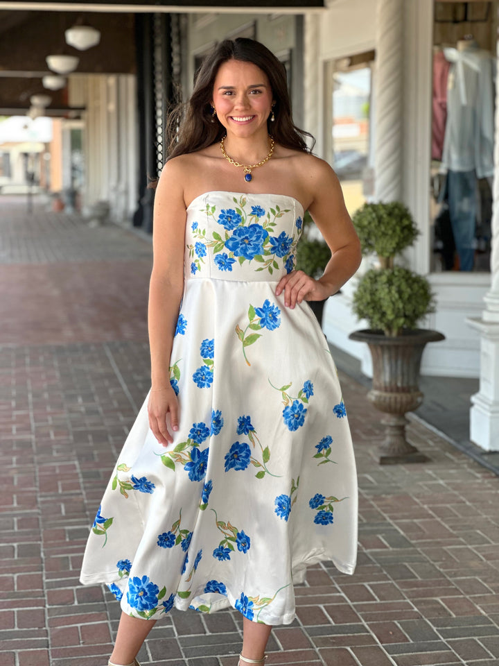 Blue Floral Printed Woven Midi Dress