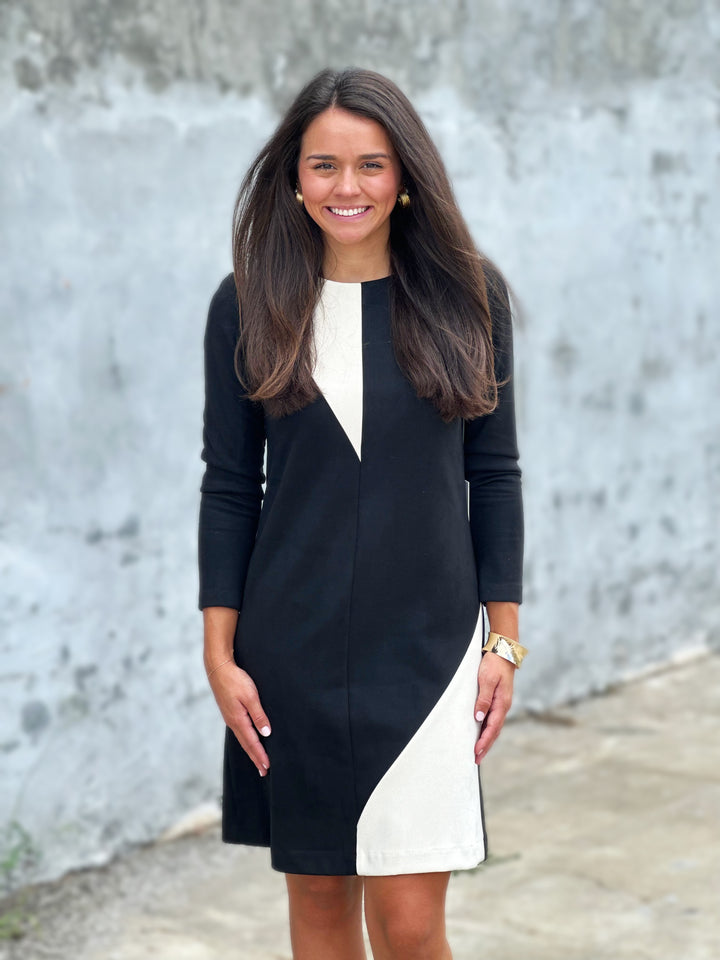 Perre Scoop Neck Stone Color-block Black Long Sleeve Dress