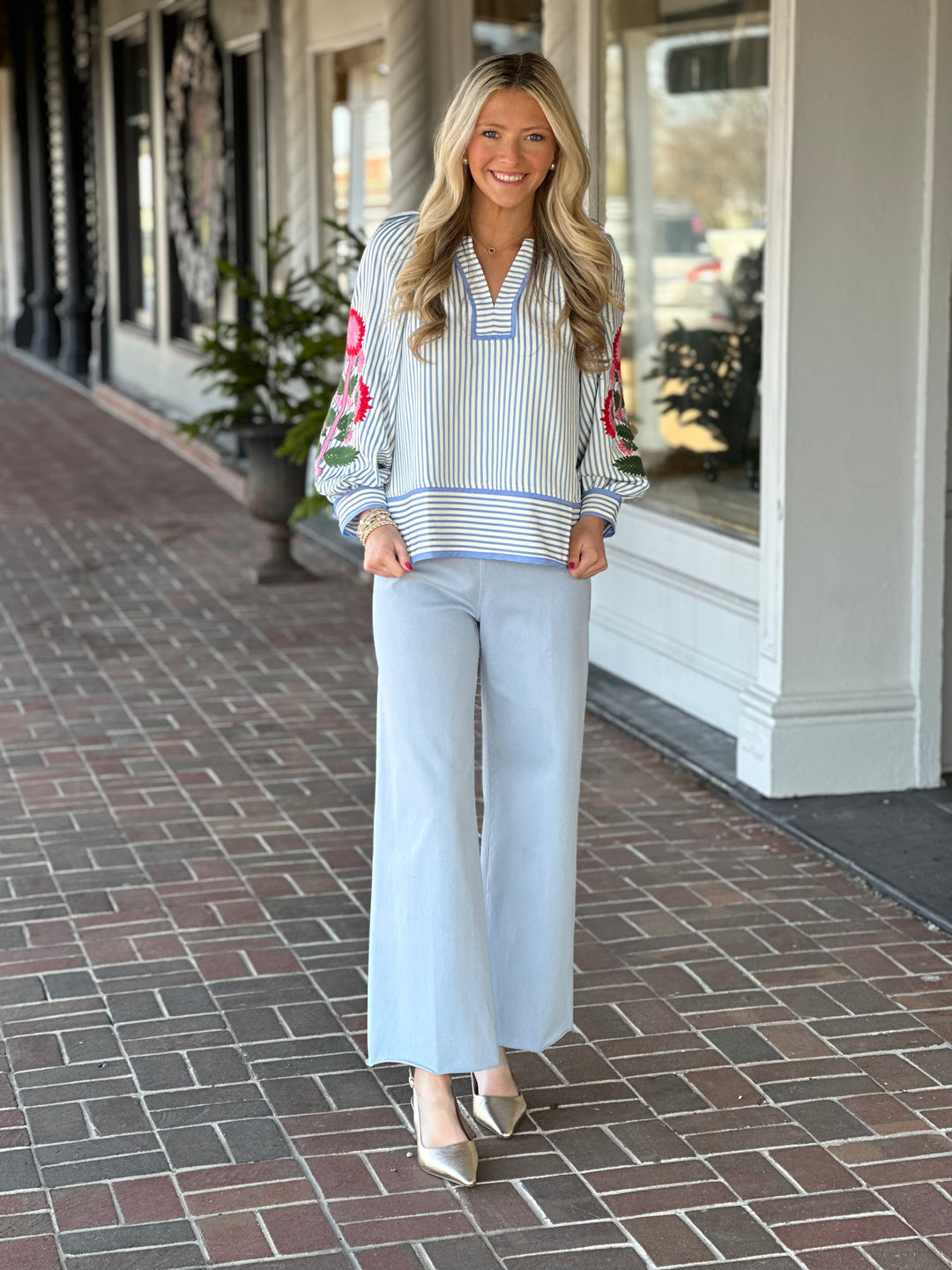 Stripe Puff Sleeve Floral Top in Blue