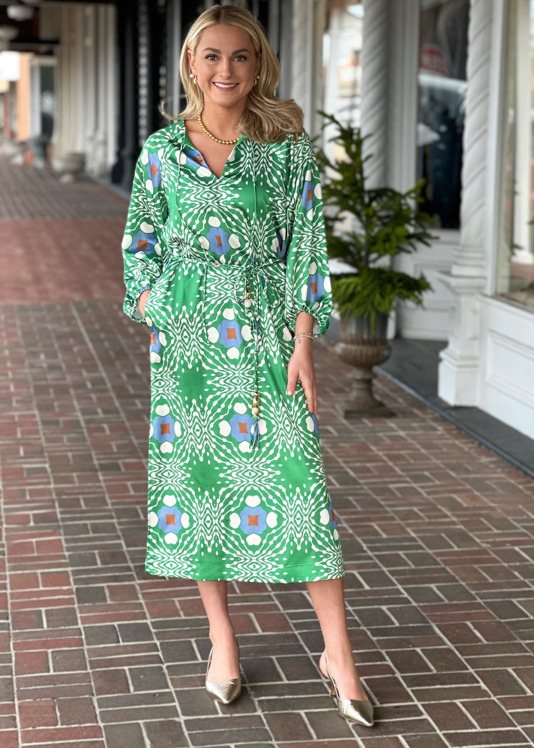 Jardin Geo Printed Midi Dress in Green