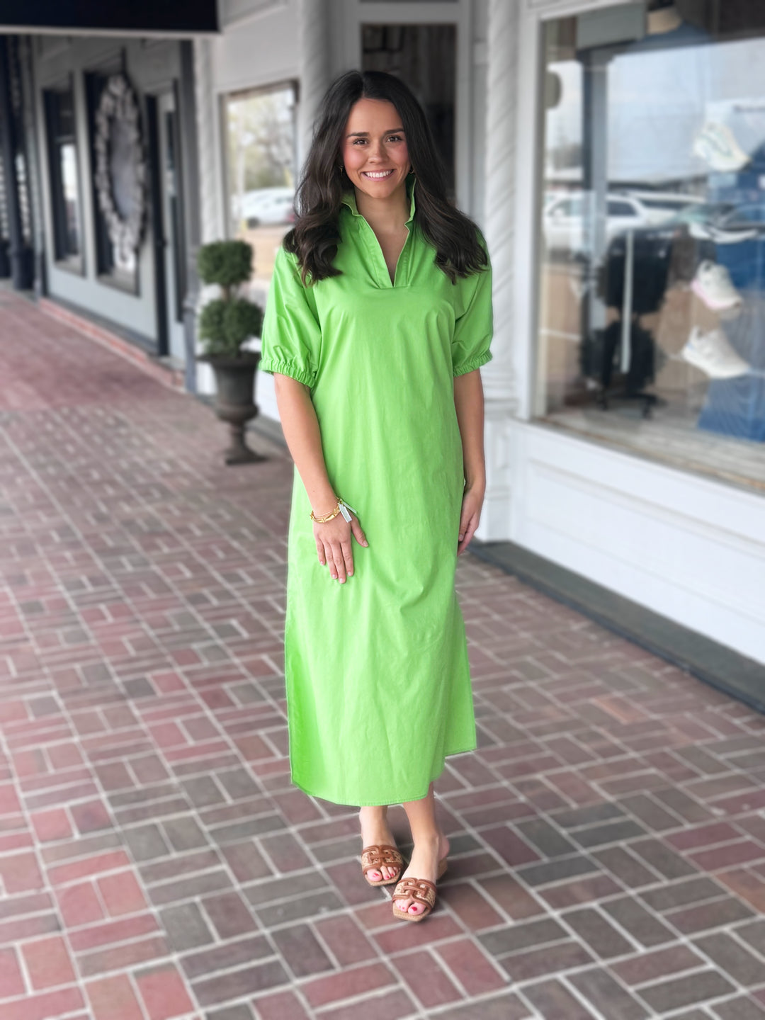 Charlotte Stand Collar Midi Dress in Green Apple