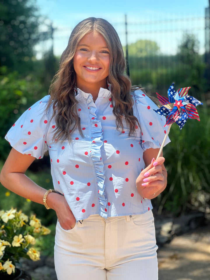 Polka Dot Ruffled Button Down Top in Skyblue