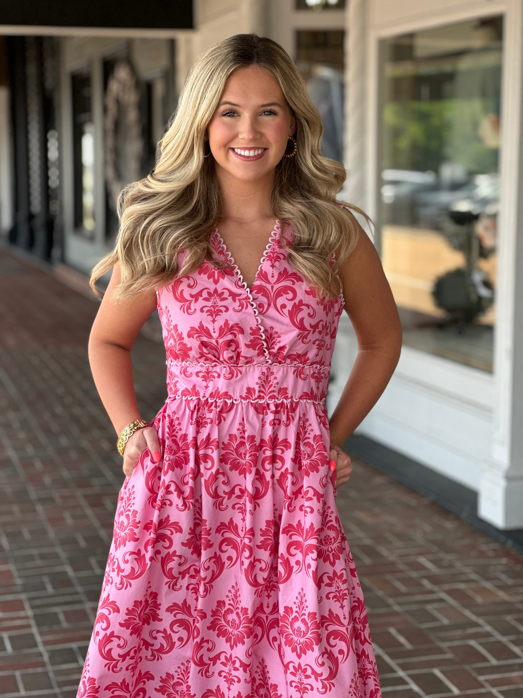Pink Floral Print Self Waist Tie V Neck Midi Dress