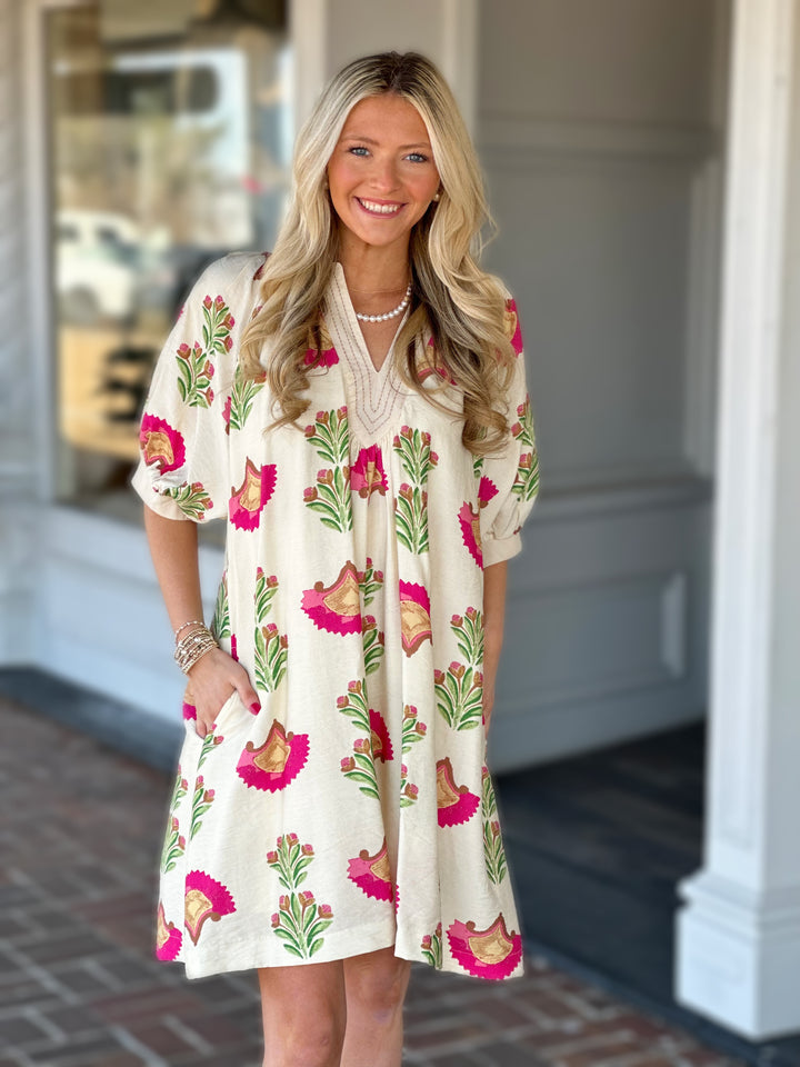 Cream Abstract Print Mini Dress