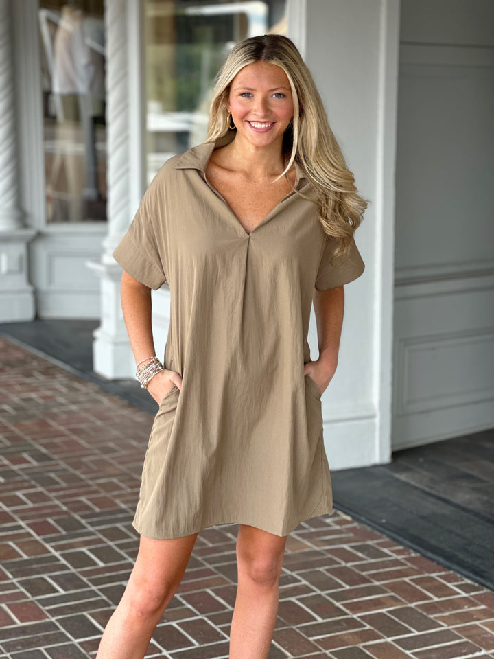 Short Sleeve V-Neck Dress in Tan