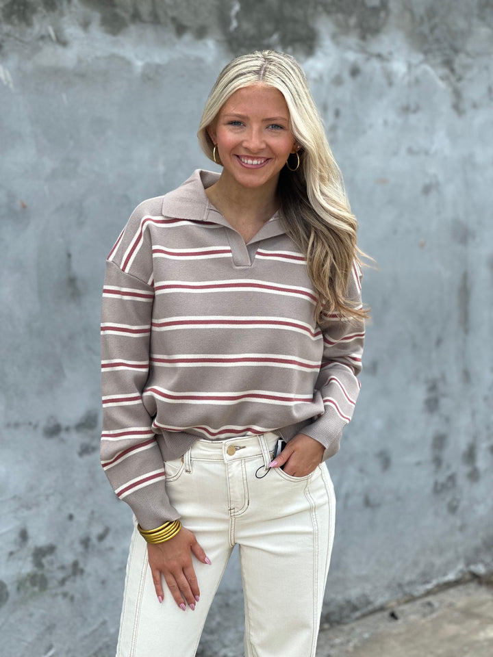 Stripe Polo Collared Sweater in Mocha