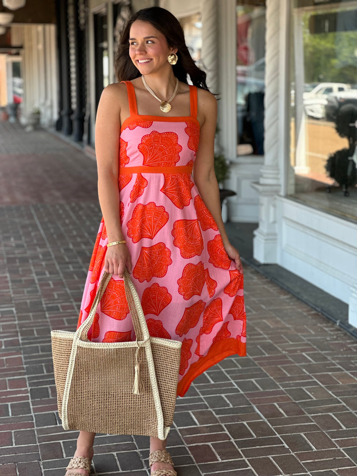 Pink Printed Sleeveless Midi Dress