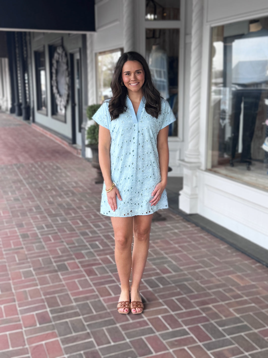 Blue Short Sleeve Eyelet Dress