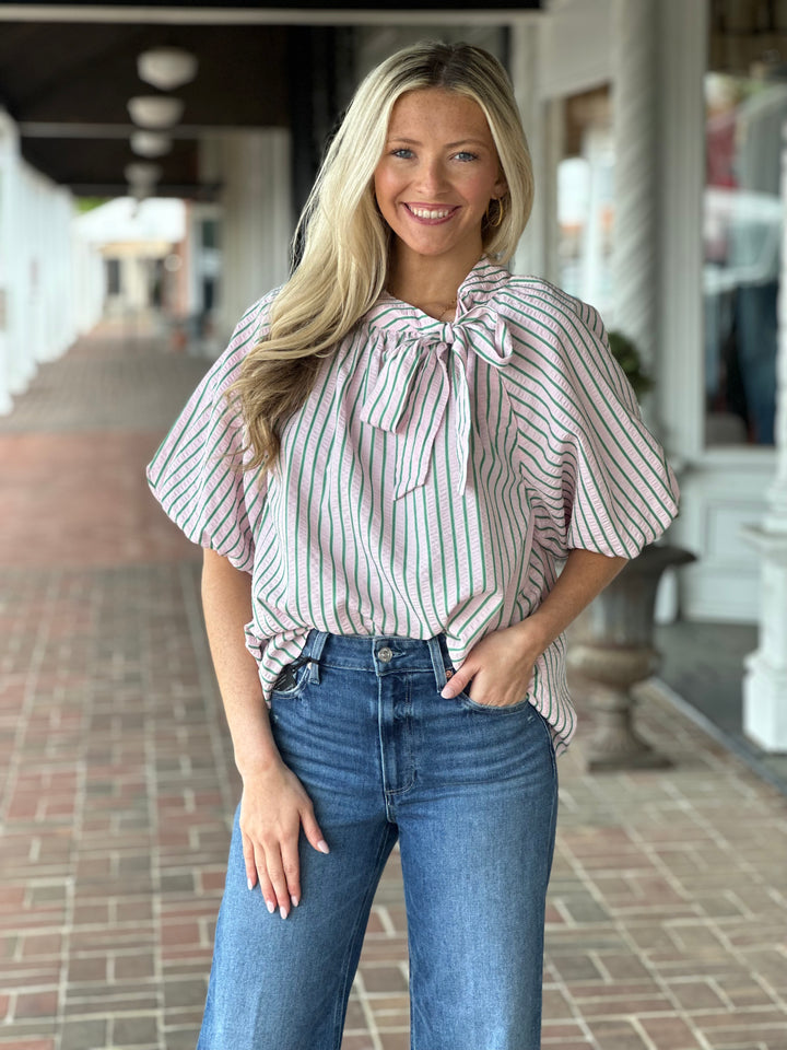 Pink Puff Sleeve Knot Collar Top