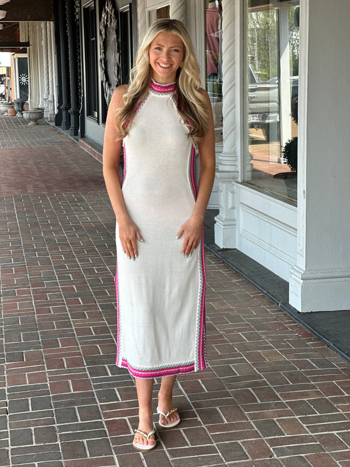 Sleeveless Halter Neck Sweater Midi Dress in Off White