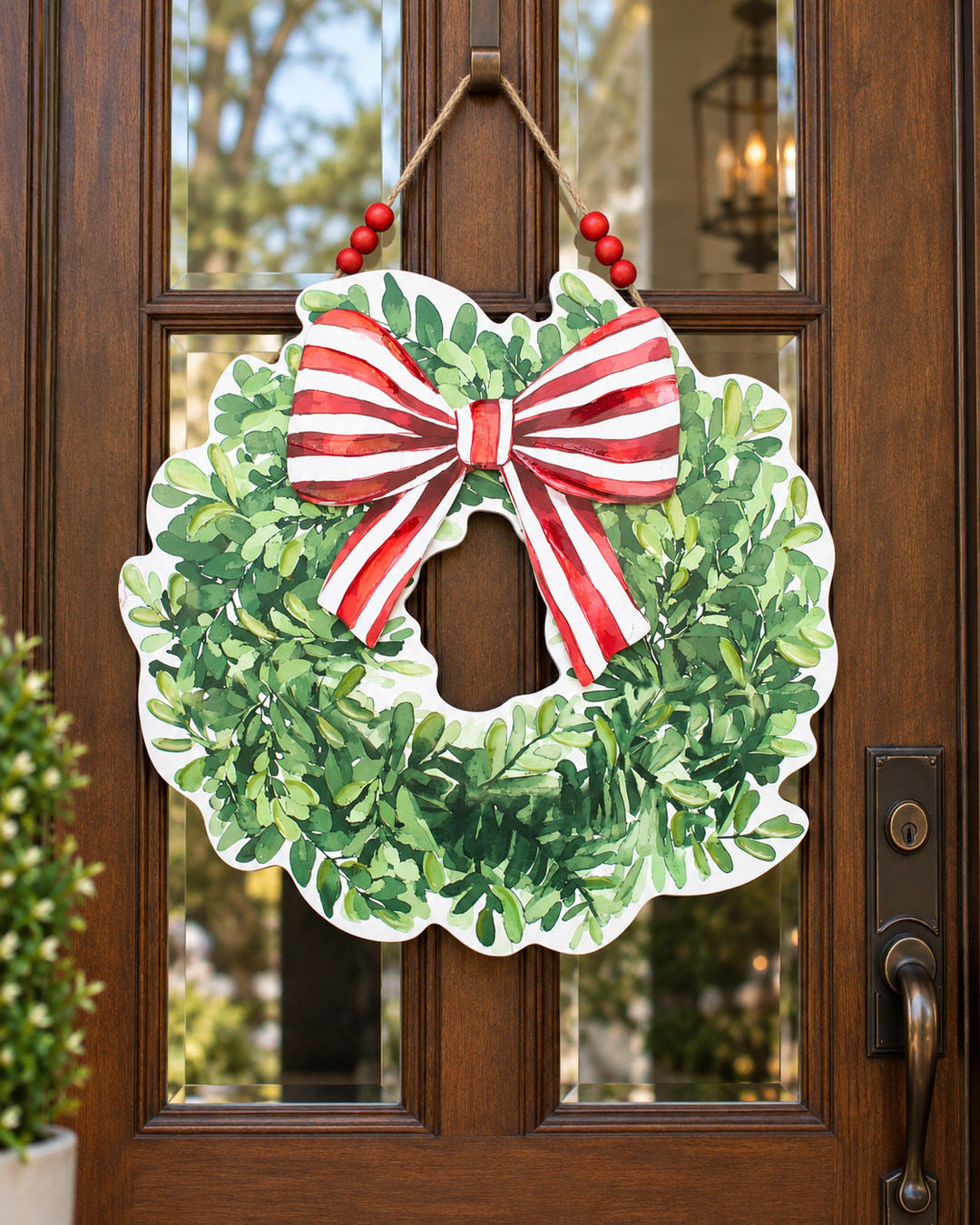 24" Cutout MDF Wreath Door Décor, Red Stripe Bow