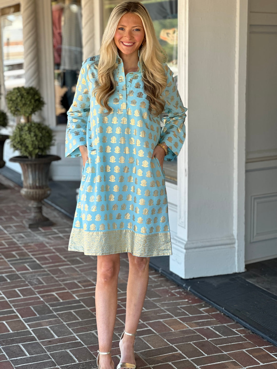 Jude Connally Helen Dress in Foulard Border Light Aqua