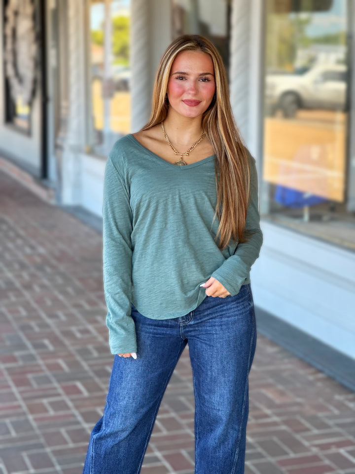 Dylan Deep V Long Sleeve Emerald Tee