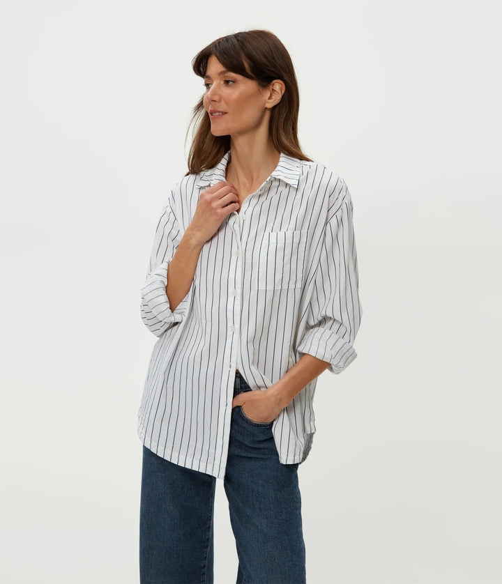 Michael Stars Beau White Button Down Shirt in Navy Stripe