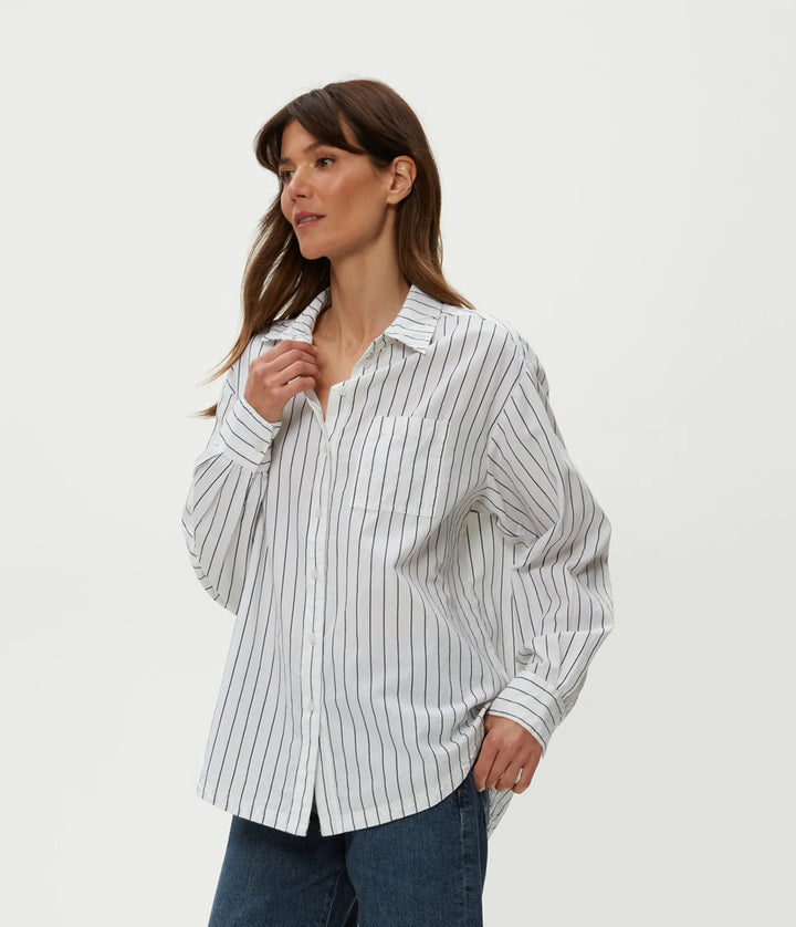 Michael Stars Beau White Button Down Shirt in Navy Stripe