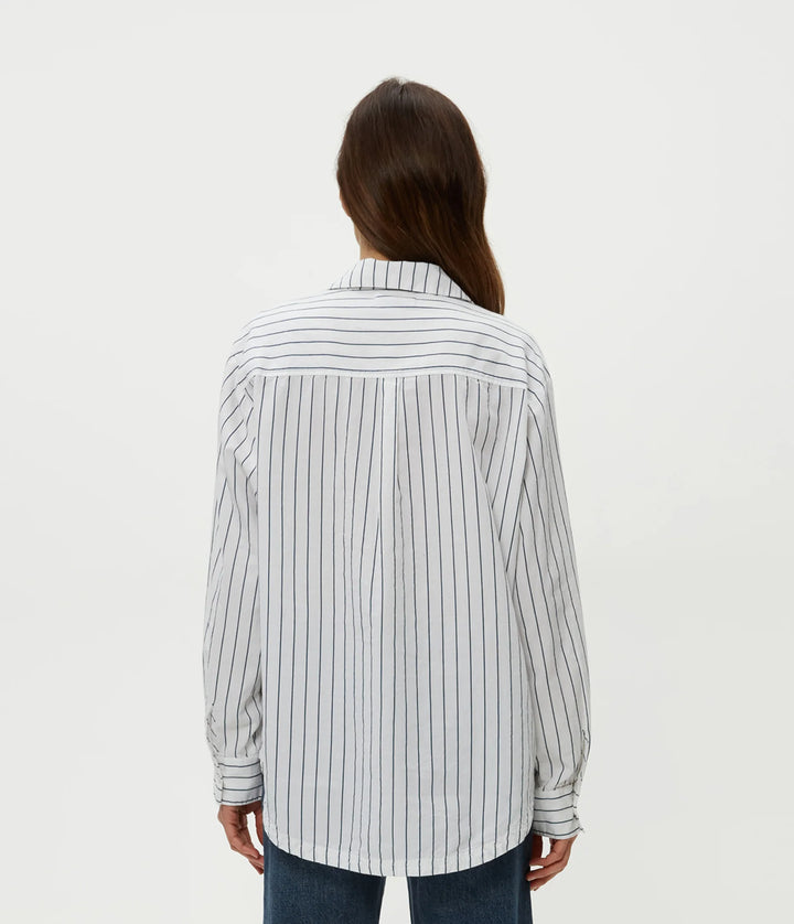 Michael Stars Beau White Button Down Shirt in Navy Stripe