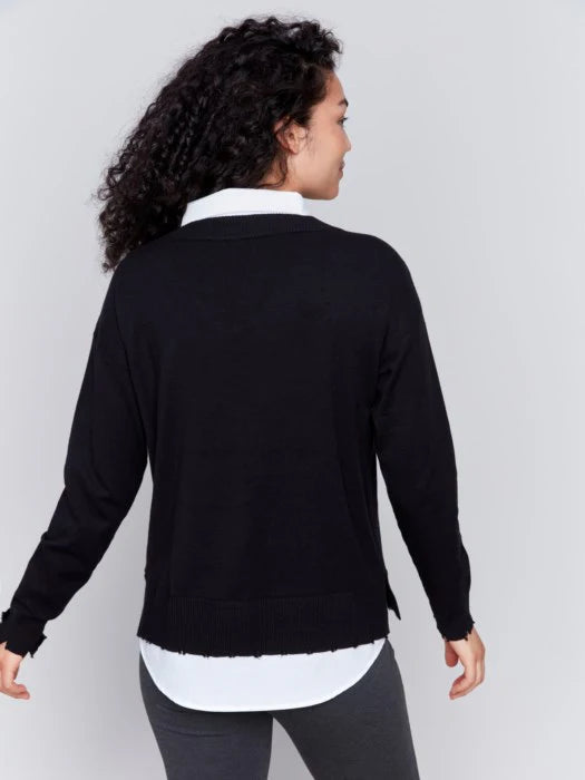 Charlie B V-Neck Fooler Yarn Sweater in Black