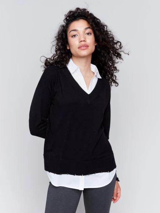 Charlie B V-Neck Fooler Yarn Sweater in Black