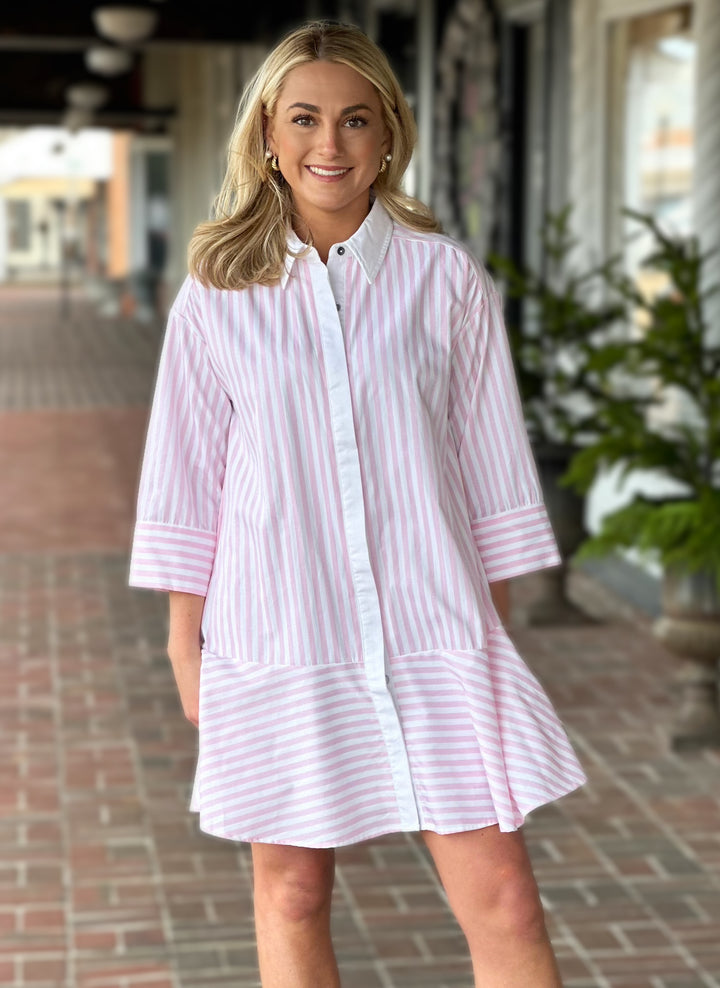 Striped Mini Button Dress is Pink