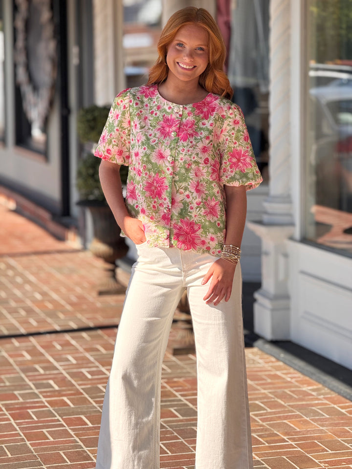 Scallop Hem Button Down Embroidered Floral Print Top