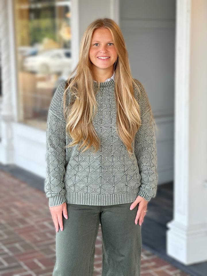 Charlie B Pointelle Crew Neck Sweater in Spruce