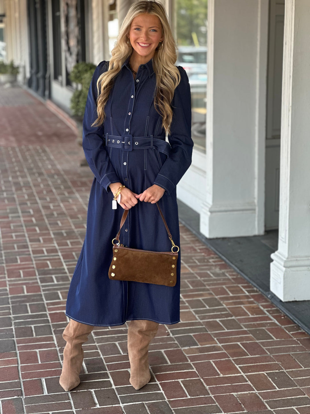Long Belted Dress in Navy